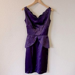 Purple cocktail dress with scalloped neckline and peplum, size S